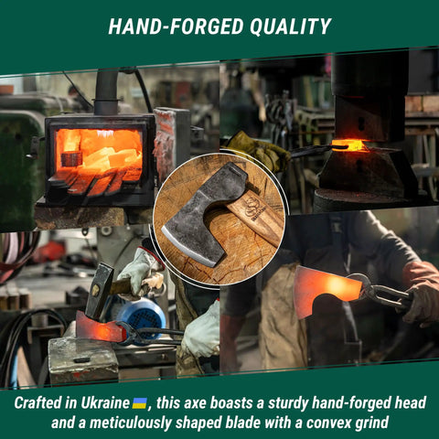 Hand-forging AX6 Go-To Bushcraft Hatchet For Camping And Wood Carving, Bearded Style Axe in workshop, focusing on precision crafted blade