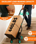 Beast Of A Stair Climbing Hand Truck With Six Wheel Dolly, 440 Lb Capacity, Telescoping Handle, Portable Moving Cart For Home, Grocery Runs, And Warehouse Chores Easy Stair Climb, Stable Traction. stair-climbing hand truck on stairs with 440 lb box