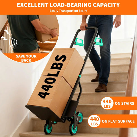Heavy Duty Stair Climber Hand Truck 440 Lb Folding Utility Dolly with Rugged Steel Frame transporting boxes on stairs.