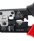 Badass Heavy Duty Wire Stripper With Auto Ratcheting Crimping Tool showing precision stripping blades and controls, red details in design.