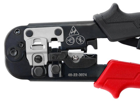 Badass Heavy Duty Wire Stripper With Auto Ratcheting Crimping Tool showing precision stripping blades and controls, red details in design.