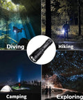 DL10R Dive Light 4500 Lumens Beast Mode Underwater Flashlight, Type C Rechargeable, IPX-8 Waterproof shown in various outdoor settings: diving, camping, hiking, exploring.