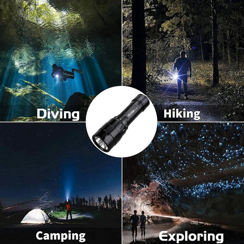 DL10R Dive Light 4500 Lumens Beast Mode Underwater Flashlight, Type C Rechargeable, IPX-8 Waterproof shown in various outdoor settings: diving, camping, hiking, exploring.