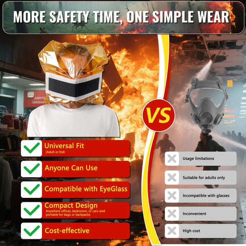 Fire Smoke Mask With Ninety Five Percent PM Two Point Five Filtration Thirty Minute Lifesaver Escape For Adults And Kids Eight Plus Aerospace Seal Tech And Three Second Quick Fit Home Office And Public Safety One Pack comparison with regular mask and features list