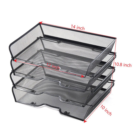 Four Tier Mesh Stackable File Trays For Desk Organization Letter Size Office Paper Organizer in Black Finish, dimensions labeled.