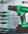 Green 20V Cordless Drill Set with Battery and Charger, 3/8 Inch Keyless Chuck, showing 2-Speed Settings and 18+1 Clutch