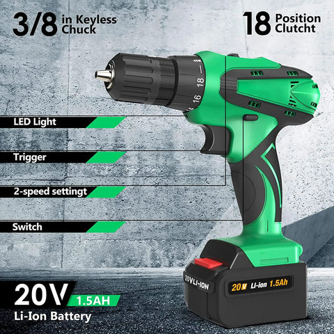 Green 20V Cordless Drill Set with Battery and Charger, 3/8 Inch Keyless Chuck, showing 2-Speed Settings and 18+1 Clutch