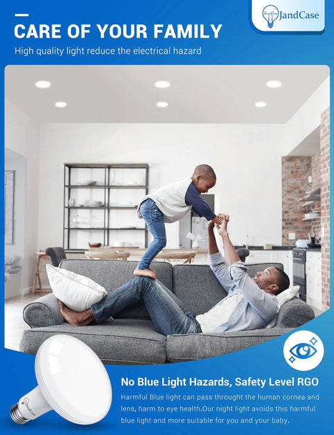 Living room lit by BR30 LED Flood Light Bulbs 11W Low Power, father lifting child, daylight white ambiance, modern decor.