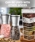 Stainless Steel Salt And Pepper Grinder Set Two Pack With Glass Jars, Adjustable Ceramic Burr Mills on kitchen counter