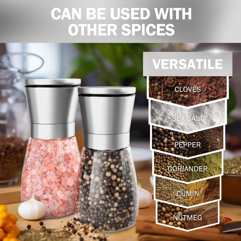 Stainless Steel Salt And Pepper Grinder Set Two Pack With Glass Jars, Adjustable Ceramic Burr Mills on kitchen counter