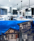 Modern kitchen and illuminated house exterior, showcasing potential lighting areas for Hella Bright PAR38 LED Outdoor Flood Light Bulbs for Patio and Yard, 120W Equivalent, 1250 Lumens, 5000K Bright White, Dimmable 15W, Indoor Outdoor Spotlight, Wet Rated, E26 Base, UL Listed, 4 Pack