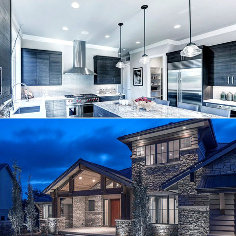 Modern kitchen and illuminated house exterior, showcasing potential lighting areas for Hella Bright PAR38 LED Outdoor Flood Light Bulbs for Patio and Yard, 120W Equivalent, 1250 Lumens, 5000K Bright White, Dimmable 15W, Indoor Outdoor Spotlight, Wet Rated, E26 Base, UL Listed, 4 Pack