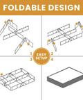 Foldable design infographic showing steps for easy setup of Heavy Duty King Box Spring Low Profile Metal Bed Base with Reinforced Steel Slats.