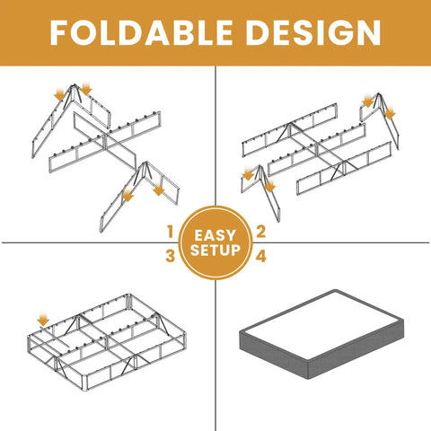 Foldable design infographic showing steps for easy setup of Heavy Duty King Box Spring Low Profile Metal Bed Base with Reinforced Steel Slats.