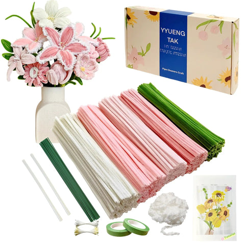 Dope 350 Piece Pipe Cleaner Flower Kit With Tutorial, Five Color Options, fluffy yarn, green floral wires in packaging