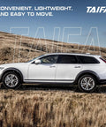 Side view of a white SUV parked on grassy terrain with background text 'CONVENIENT, LIGHTWEIGHT, AND EASY TO MOVE' and 'TAIFA' logo.
