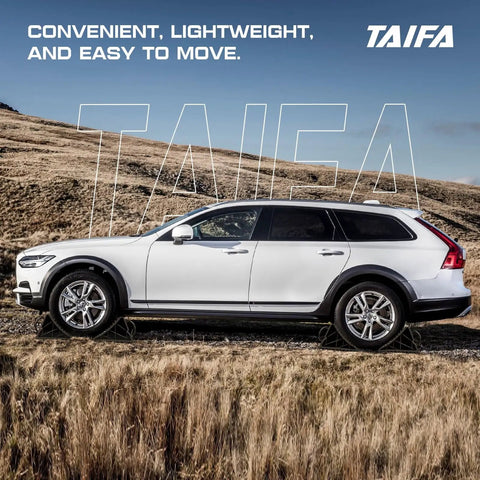 Side view of a white SUV parked on grassy terrain with background text 'CONVENIENT, LIGHTWEIGHT, AND EASY TO MOVE' and 'TAIFA' logo.