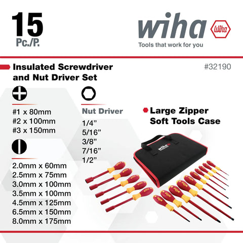 Insulated Screwdriver Set For Electricians Slotted Phillips And Inch Drive 1000 Volt Rated 15 Piece with soft case visible