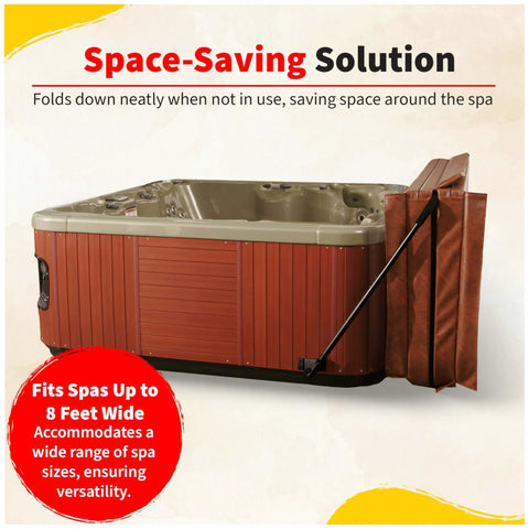 Low Mount Spa Cover Lift For Rectangular And Square Spas Up To 8 Feet Wide shown folded on a red hot tub.