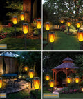 Outdoor nighttime display of 8 Pack Solar Tiki Torch Lights With Realistic Flickering Flame illuminating garden and patio areas.