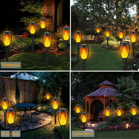 Outdoor nighttime display of 8 Pack Solar Tiki Torch Lights With Realistic Flickering Flame illuminating garden and patio areas.