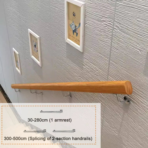 Solid Wood Handrail With Heavy Duty Stainless Steel Wall Mount Bracket, Built Like A Tank And Worry Free Climbing For Indoor Stairs Garage Bathroom Safety Assist 7 Foot Set on textured wall.