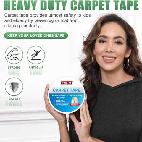 Person holding heavy duty double sided carpet tape for rugs and floors 2 inch by 20 yards removable adhesive white multi purpose rug tape
