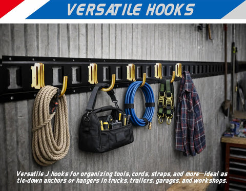 Heavy Duty E Track J Hooks Tie Down Set for trucks, trailers, vans, garages, workshops, 400 lb working load each, installed