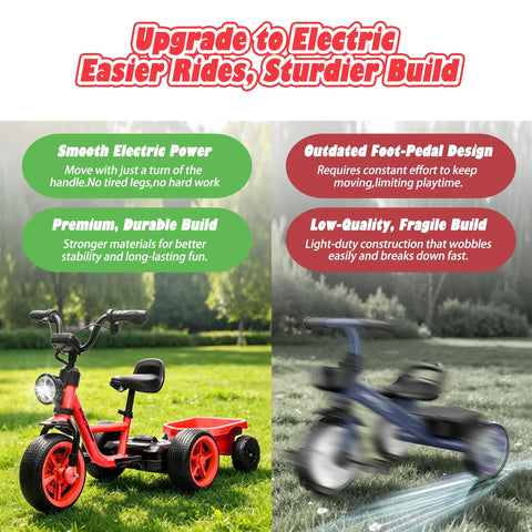 12V Kids Ride On Electric Tricycle With Stable Triangular Frame And Low Center Of Gravity, Adjustable Seat, Wide EVA Wheels, LED Headlight, Removable Storage Basket, Safe Easy Grip Pedals For Young Riders red