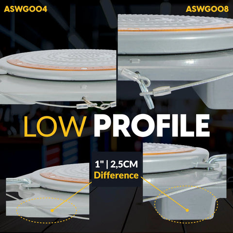 Autosolo low-profile wheel alignment turn plates, two plates with white tops and brass dial linked by steel cables