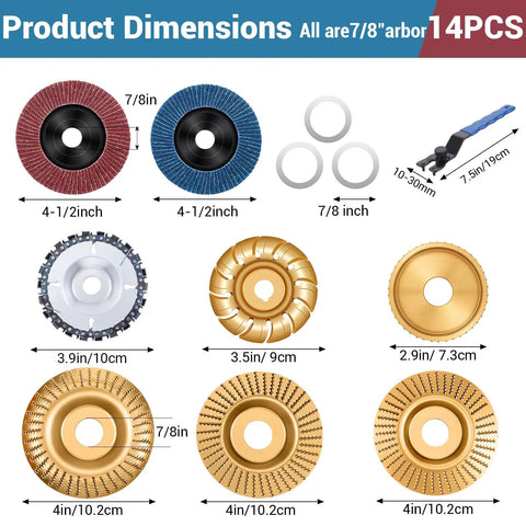 14 Piece Wood Carving Disc Set For Four Inch And Four And A Half Inch Angle Grinders With Seven Eighths To Five Eighths Inch Arbor dimensions