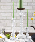 Milk Paint Finish Quart Classic White Pack Of 2 With Brushed Distressed Look, white candle holders on table with green candles.
