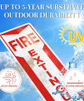 10 Pack Fire Extinguisher Sign With Vertical Red And White Down Arrow, 4 By 18 Inches, Permanent Self Adhesive Vinyl displayed outdoors