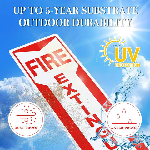 10 Pack Fire Extinguisher Sign With Vertical Red And White Down Arrow, 4 By 18 Inches, Permanent Self Adhesive Vinyl displayed outdoors