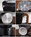 Stovetop Espresso Maker With Double Valve Tech Italian Moka Pot Brewed Fresh On Gas Or Electric Stove Top Shelf Cafe Style Coffee Brewer Set Includes Two Heavy Duty Mugs showing eagle spout, aluminum body, and ergonomic handle.