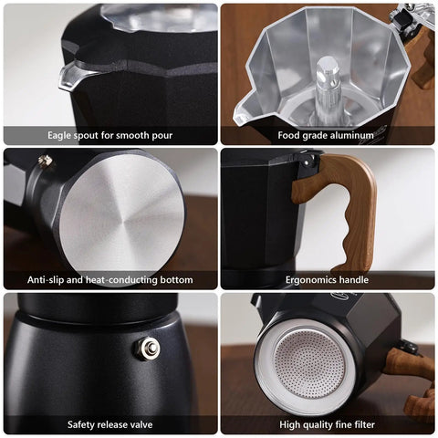 Stovetop Espresso Maker With Double Valve Tech Italian Moka Pot Brewed Fresh On Gas Or Electric Stove Top Shelf Cafe Style Coffee Brewer Set Includes Two Heavy Duty Mugs showing eagle spout, aluminum body, and ergonomic handle.