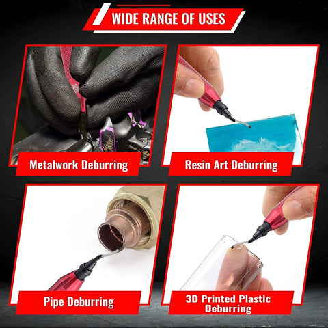 Front view of AFA Tooling deburring tool with pink handle and 15 HSS swivel blades for metal, resin, pipes.