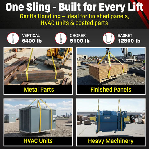 USA Made Heavy Duty Nylon Lifting Slings Eye To Eye 2 Inch Wide 4 To 20 Foot Lengths 2 Ply Twisted Eye And Eye Slings Built Tough With 6400 Lb Vertical 5100 Lb Choker 12800 Lb Basket Load Capacity