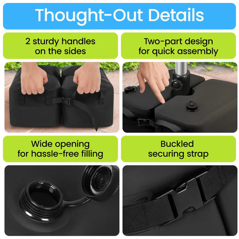 Detachable Square Umbrella Base Water Bag 30L 70lb Water Filled Black For Cantilever Stand Security with side handles and strap.