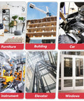 Composite image showing six panels: furniture, building, car, instrument, elevator, windows.