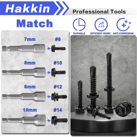 Self Drilling Hex Washer Head Screws Kit With Hex Socket Pro Grade 500 Piece Black Oxide 410 Stainless Steel Sizes Display