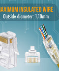 RJ45 Cat6 Pass Through Connectors and Strain Relief Boots Pack of 100 EZ to Crimp Modular Plugs for Solid or Stranded UTP Network Cable Male Ethernet Connector End showing transparent connectors and a cable with wires exposed.