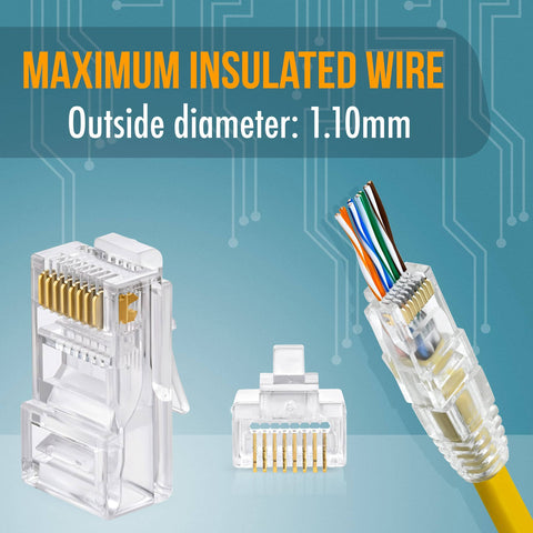 RJ45 Cat6 Pass Through Connectors and Strain Relief Boots Pack of 100 EZ to Crimp Modular Plugs for Solid or Stranded UTP Network Cable Male Ethernet Connector End showing transparent connectors and a cable with wires exposed.