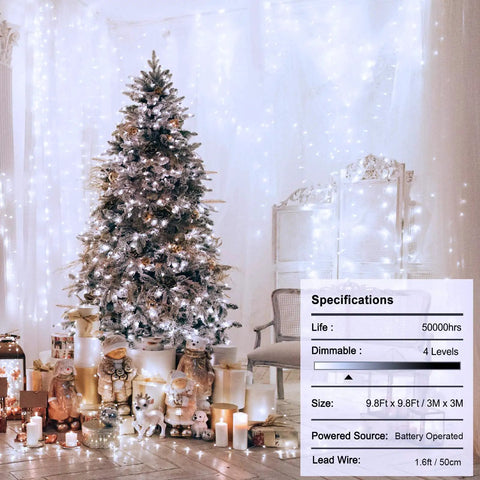 Battery Operated Curtain Lights 300 LEDs 9.8ft By 9.8ft Fairy String Lights With Remote And Timer, Christmas Decor