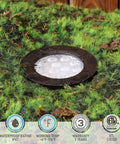 In Ground Well Lights Kit 4 Inch Flat Top, oil rubbed bronze aluminum, installed in grass with waterproof, temperature, warranty icons visible.
