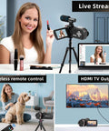 Woman using 4K UHD 60FPS Camcorder With 64MP Dual Lens For YouTube And TikTok Vlogging, showing live streaming setup, remote control, HDMI output.