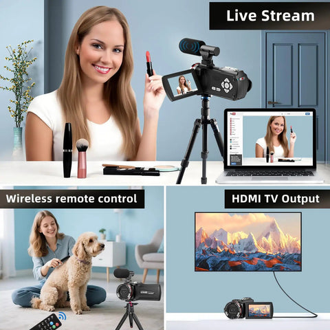 Woman using 4K UHD 60FPS Camcorder With 64MP Dual Lens For YouTube And TikTok Vlogging, showing live streaming setup, remote control, HDMI output.