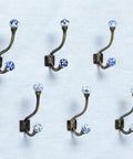 Heavy Duty Double Coat Hooks Wall Mount Six Pack In Blue And White, decorative prong hooks on wall display, vintage style