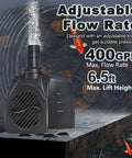 Submersible Pump 400GPH Ultra Quiet With Overheating Protection, 6.5ft Lift shown on rocky background with water flow.