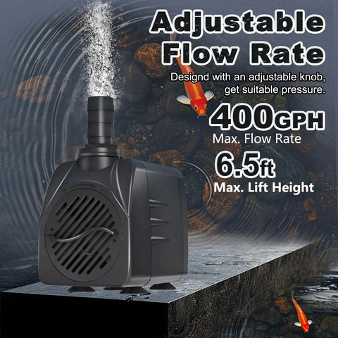 Submersible Pump 400GPH Ultra Quiet With Overheating Protection, 6.5ft Lift shown on rocky background with water flow.